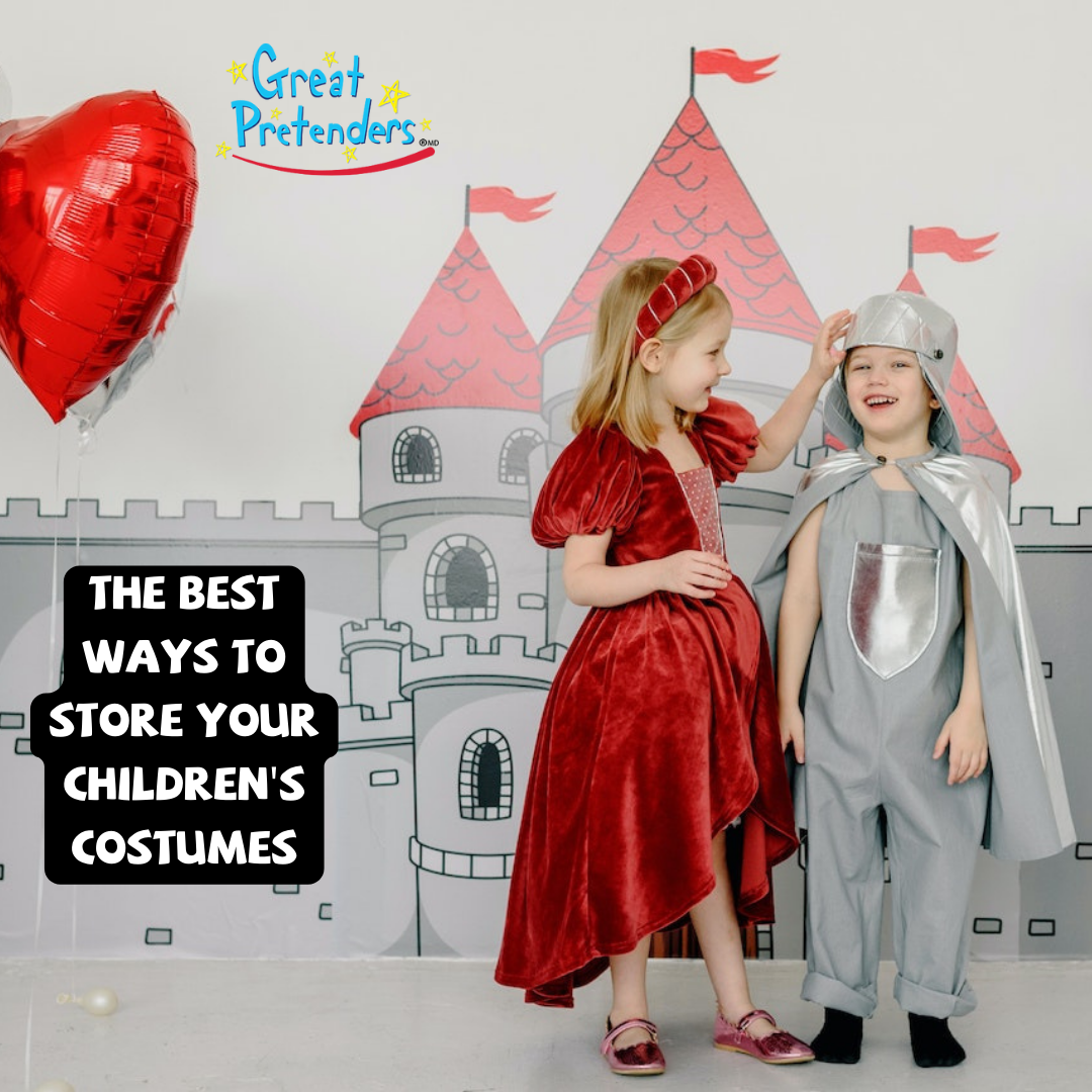 Children in costumes standing beside a castle wall painting.