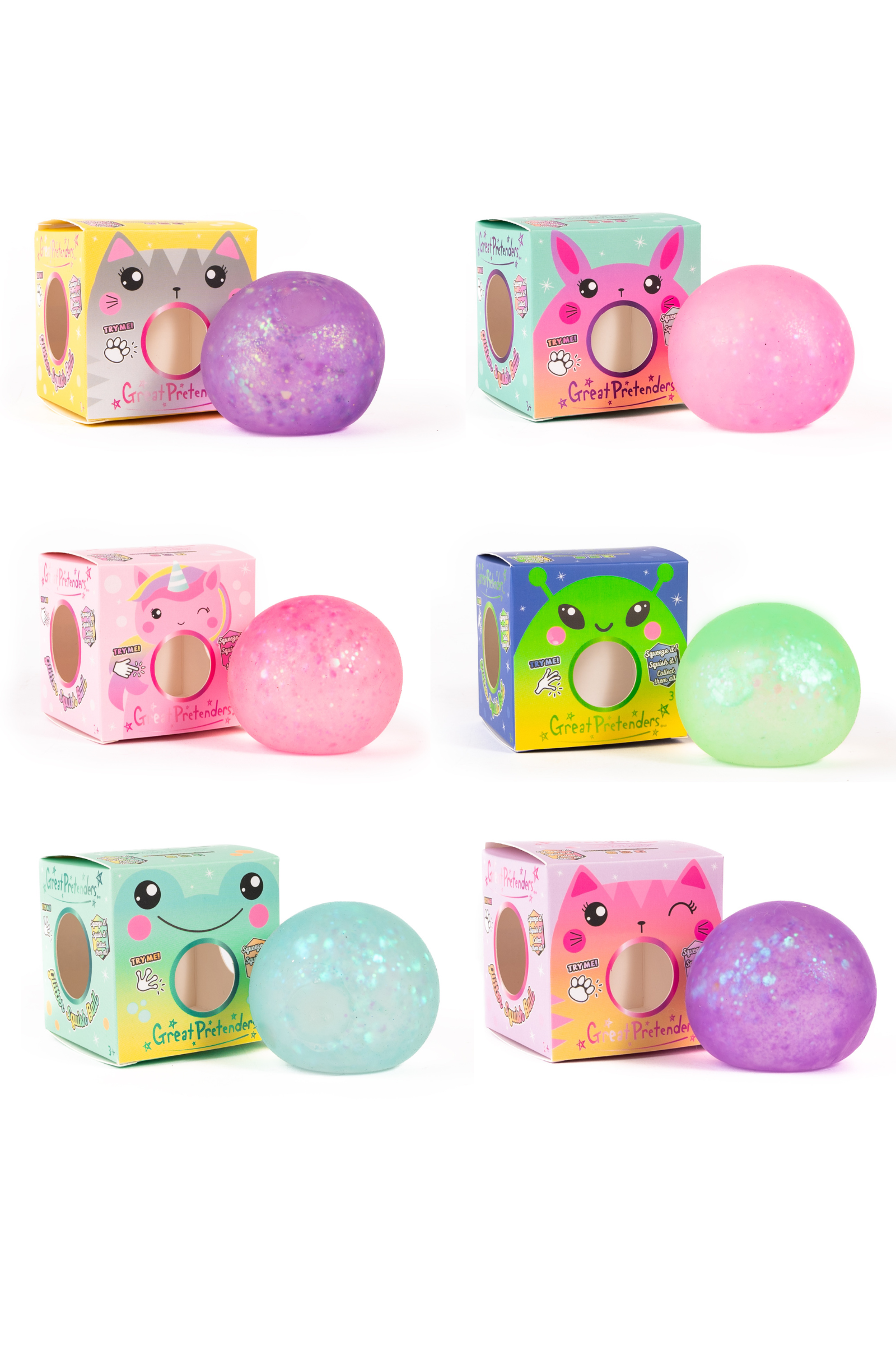 Glitterally Amazing Squishy Balls, 6pcs, Assorted-Retail-Great Pretenders USA