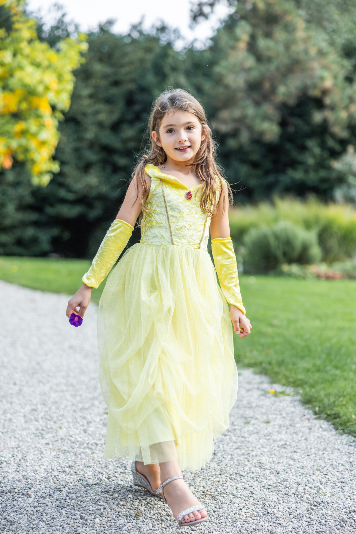 open lace back dress Velvety Soft Yellow Princess Gown with Arm Warmers Size 5-6