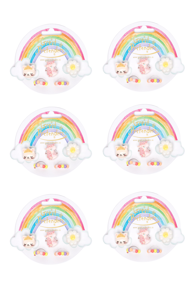 Flower, Kitty, Unicorn Elastic Ring Sets, Bundle of 6-Retail-Great Pretenders USA