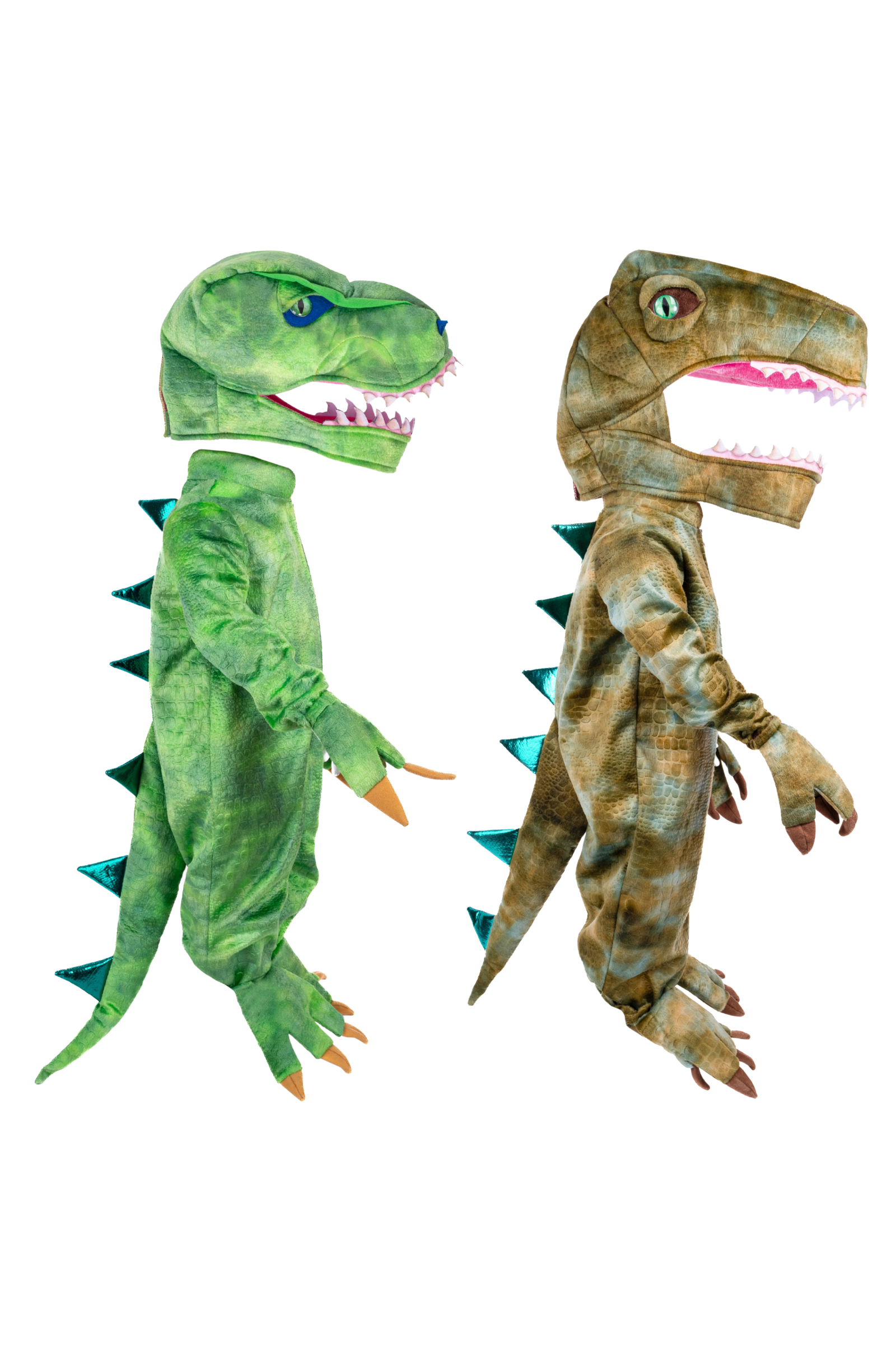 Two dinosaur costume hoodies shown side by side on a plain white background. The left one is a green T-rex style costume with blue spikes and orange claws, and the right one is a brown T-rex style costume with teal spikes and brown claws.