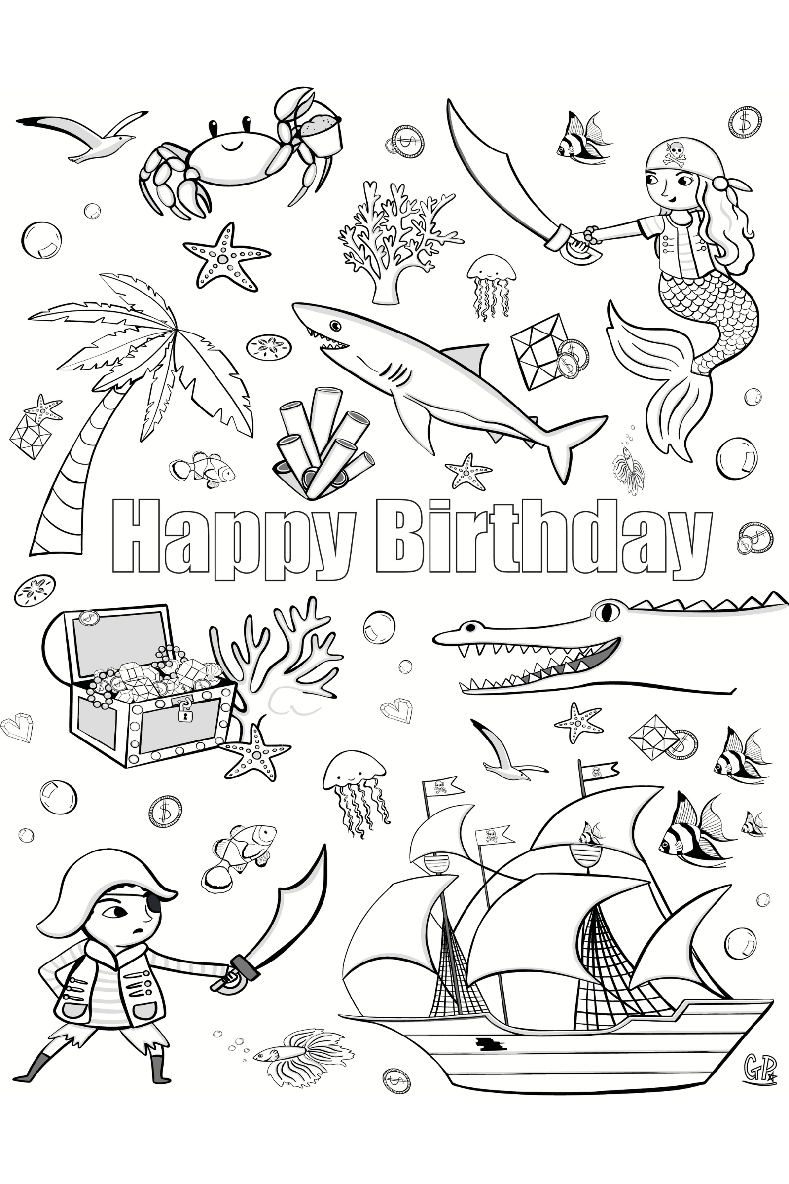 Pirate & Treasures Birthday Coloring Page