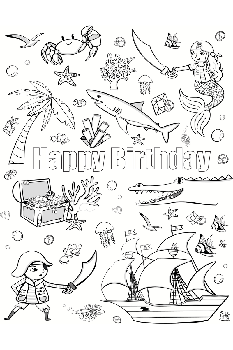 Pirate & Treasures Birthday Coloring Page